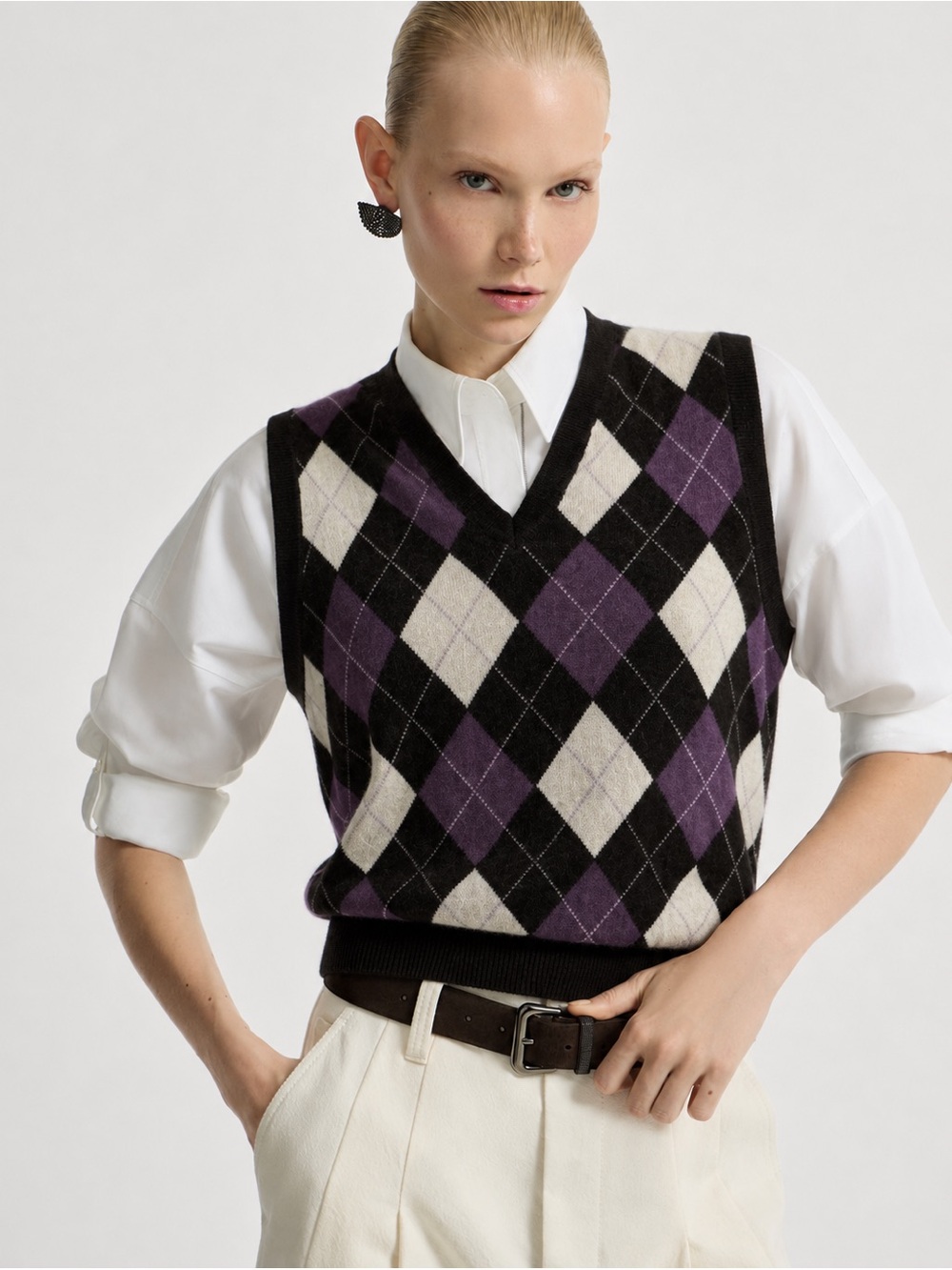 Tweeds Vintage Cashmere Argyle Sweater Vest V-Neck L + Bonus Cashmere Beanie